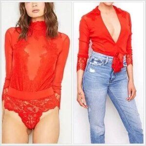 NWT $198 HAH Take HAH Bow Reversible Sheer Stretch Lace Mesh Bodysuit Red MEDIUM